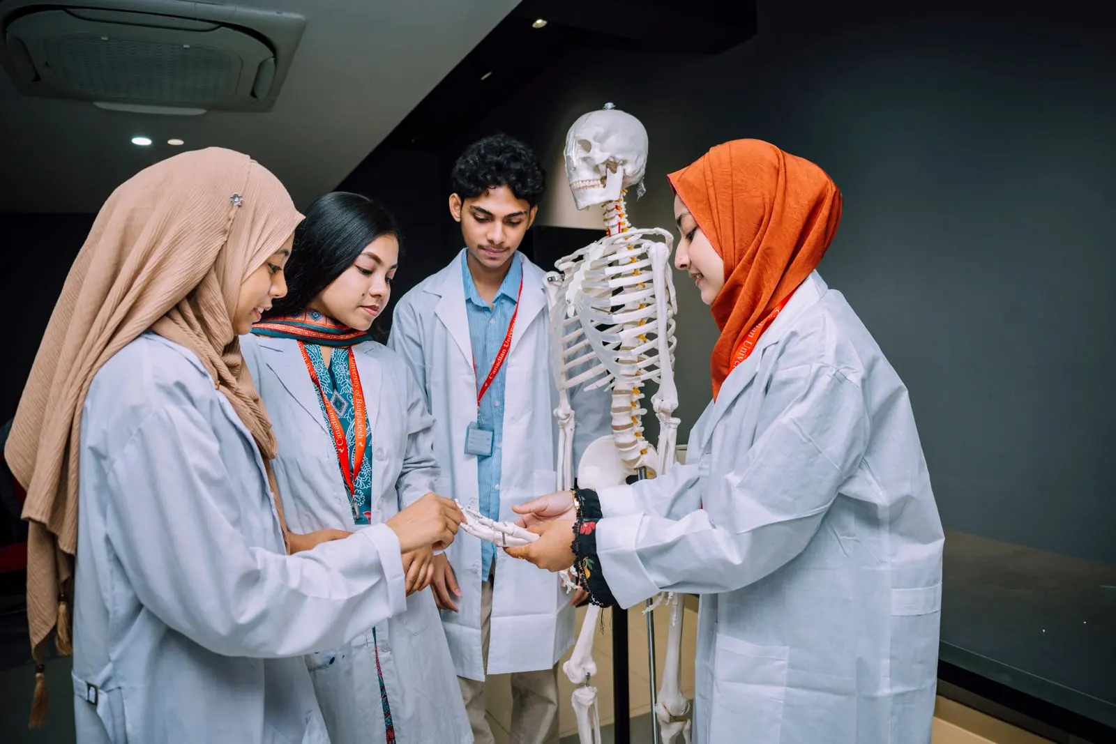 College students discussing an anatomical model in a teaching laboratory