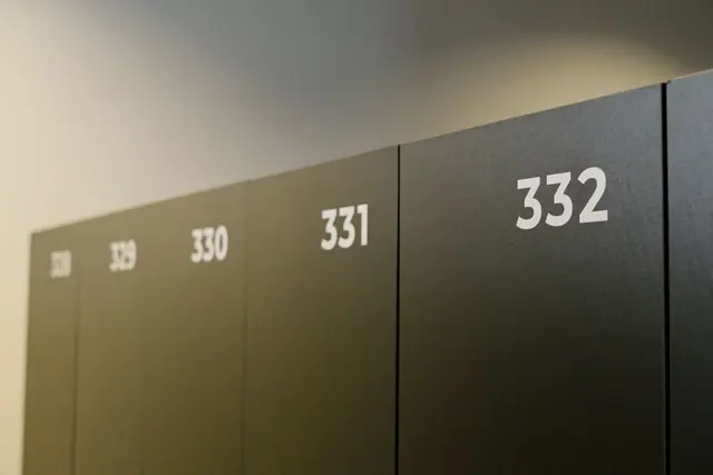 A row of numbered dark lockers