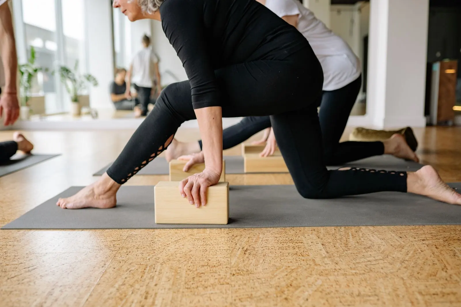 A beginner-friendly yoga setup with blocks and a mat