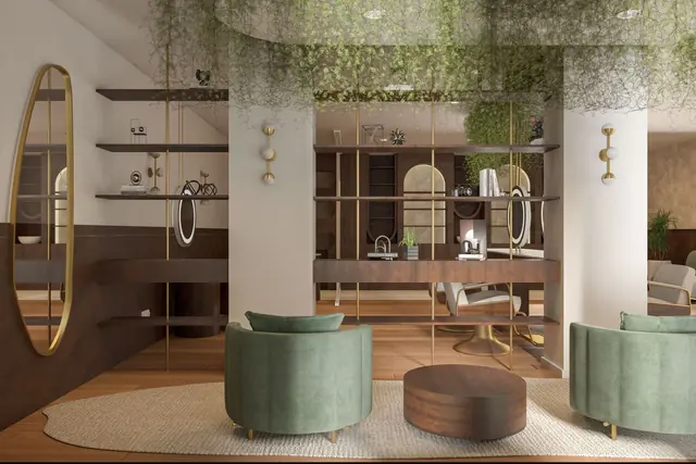 A lounge with sage velvet armchairs, a round timber table, arched mirrors and trailing plants