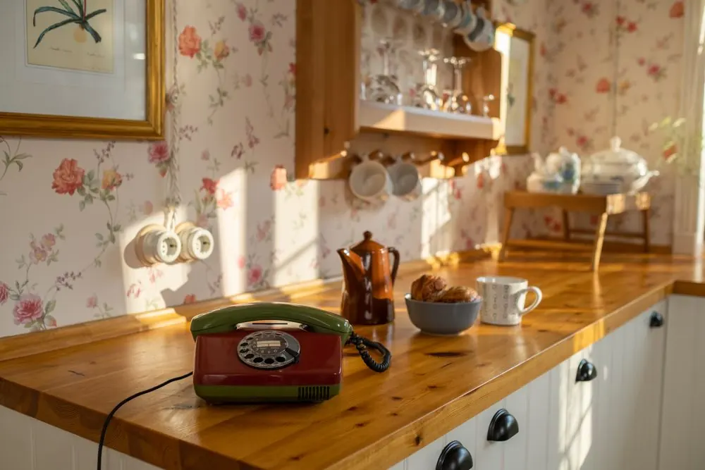 Sunlit cottage kitchen counter with cups and a green kettle