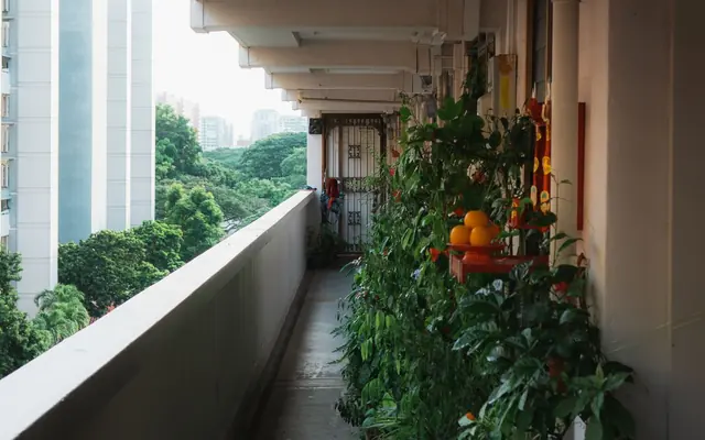 A long apartment balcony lined with potted plants and greenery beyond the railing