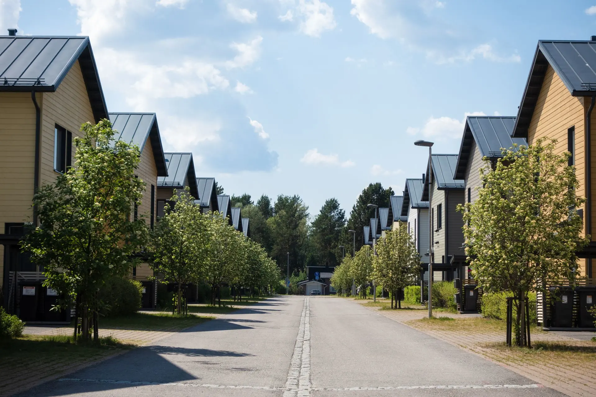 A quiet residential street lined with young trees and matching timber-clad houses