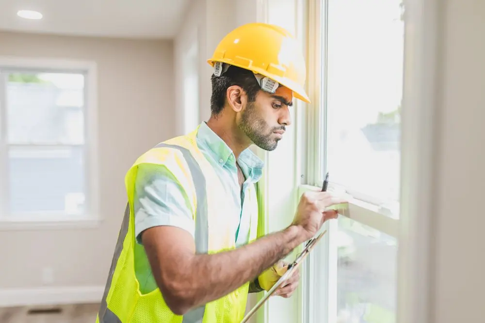 Home inspector checking a window frame