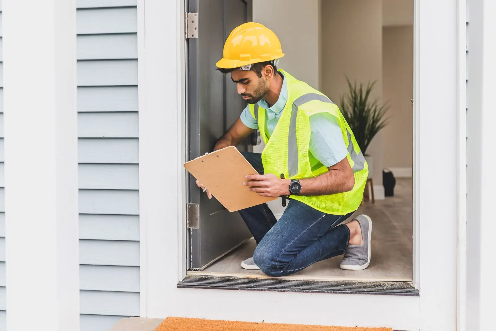 A home inspector examining an exterior window with a clipboard