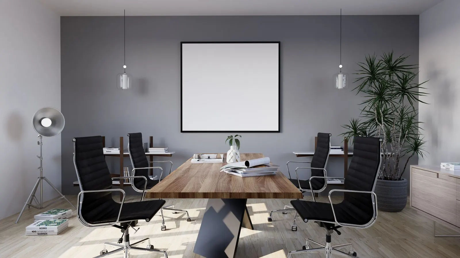 Understated office meeting room with a long table